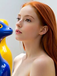 A slender redhead with brown eyes poses at a museum amidst whimsical creatures watching