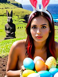 A petite brunette with red highlights poses amidst Easter Island 39 s Moai statues watched by an anthropomorphic Easter Bunny