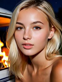 A petite blonde 18 year old enchanting and radiant sits near a campfire