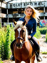 A curvy blonde with dark highlights poses seductively amidst overgrown weed choked aisles of a derelict shopping mall